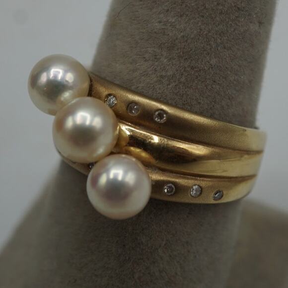 14K Yellow Gold Pearl & Diamond Band Ring Size 9.25 Vintage Estate - Picture 2 of 13